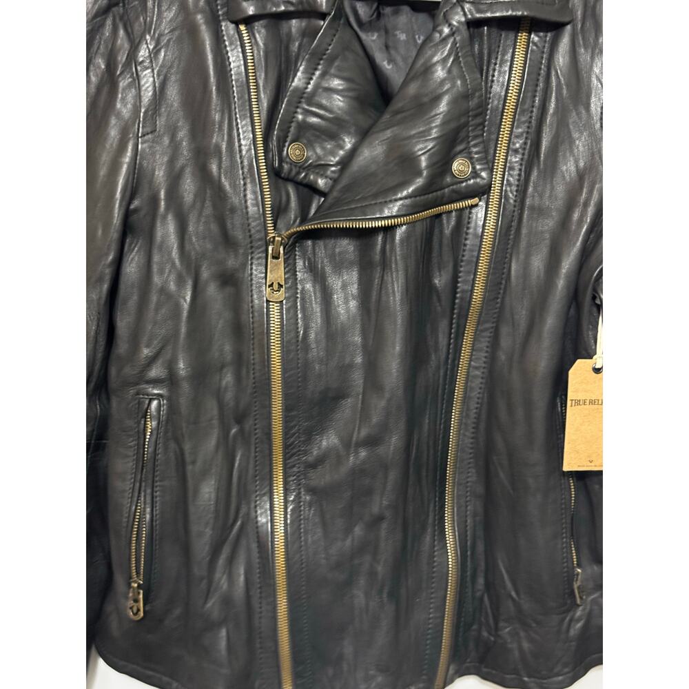 True Religion Black Genuine Lambskin Leather Double Zip Moto Jacket Rare Medium - Picture 2 of 13